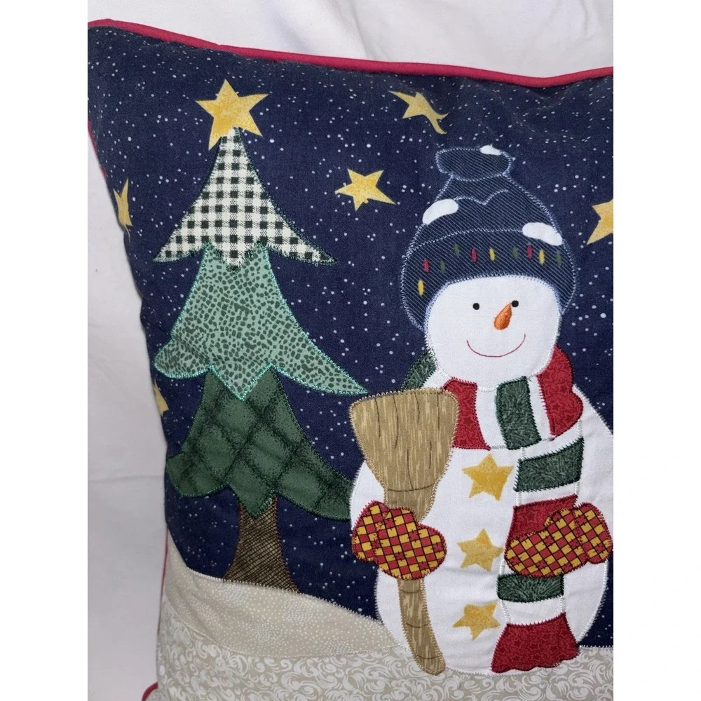 Christmas Snowman Pillow Reversible Navy Patchwork Applique Trees Red Trim 16